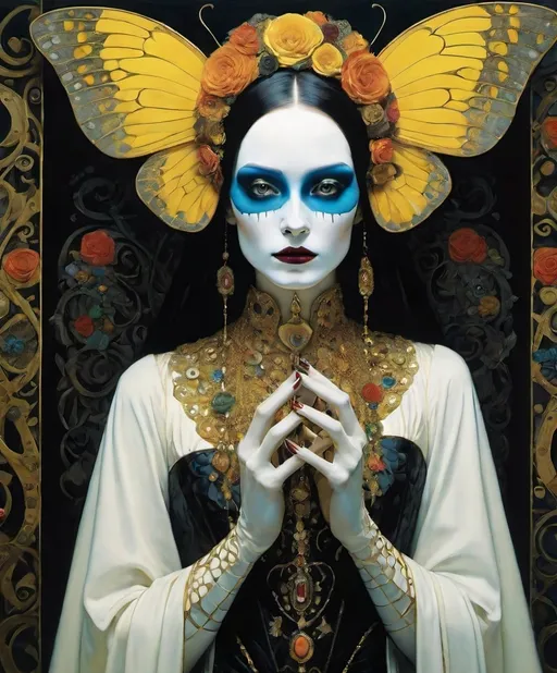 Prompt: Art by Klimt, David Palumbo, Daniel Merriam, Grant Morrison, Mothmeister, she is almost passable as human, Why don't you take off your human costume, girl?, macabre horrific, highly detailed , rich in colors