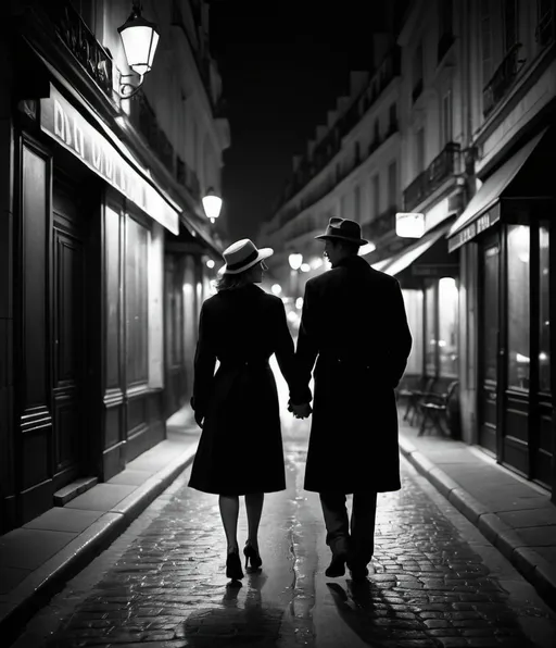 Prompt: a couple holding hands walking down the streets of Paris, night time, black and white. 3d, film noir mood.