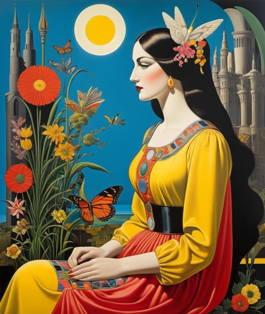 Prompt: She is more than what she became, she desires to seek something beyond  this wasteful life of duty, don't be afraid, fulfill your potential of good and beauty, Richard Lindner, Adi Granov, Graham Sutherland, Howard Arkley, Philip Taaffe, Morris Hirshfield, John Anster Fitzgerald