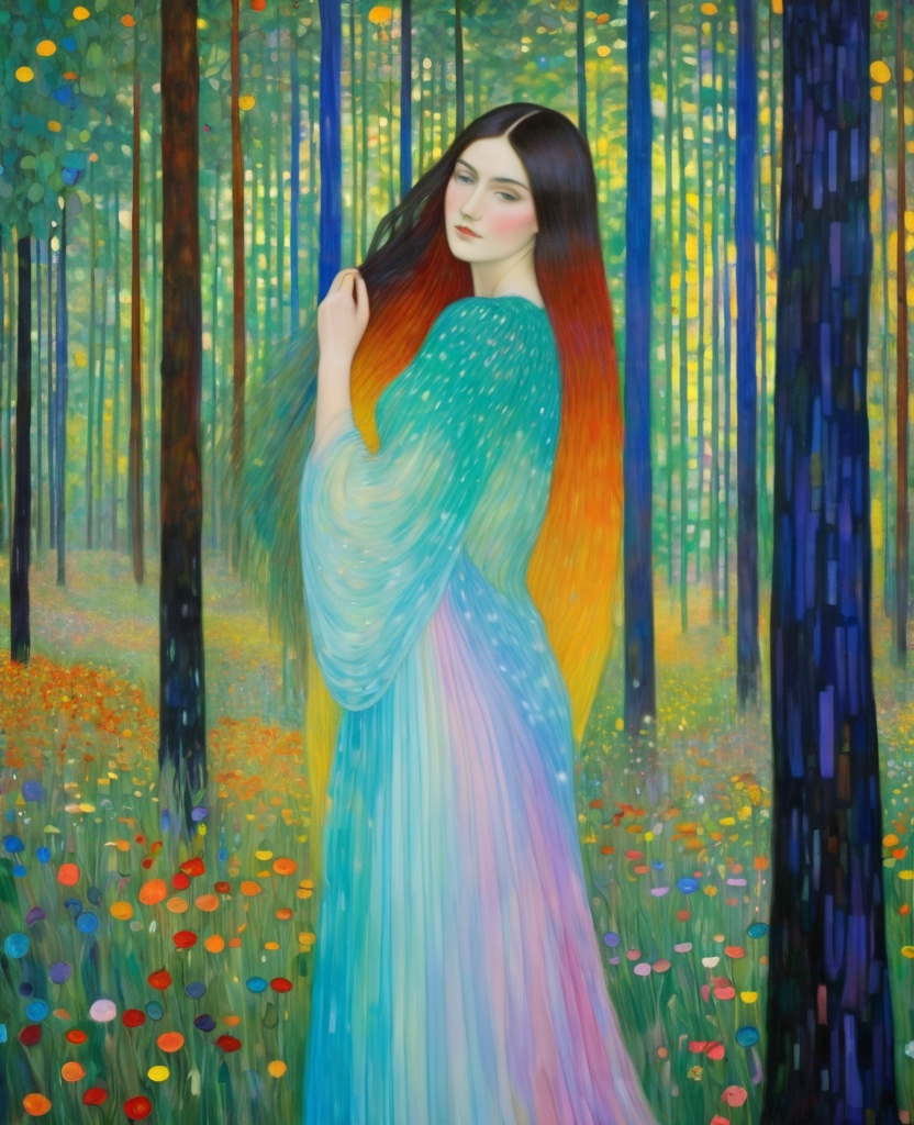 Prompt: The beautiful young lady, She comes in colors everywhere She combs her hair She's like a rainbow Coming, colors in the air Oh, everywhere She comes in colors, Gustav Klimt, Carboniferous Forest