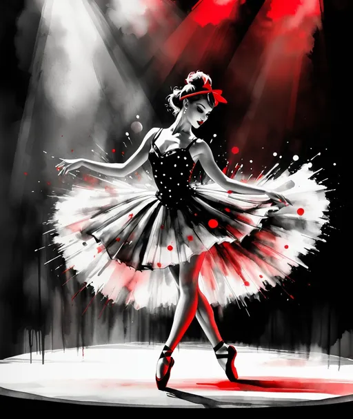 Prompt: a beatnik ska trash polka young lady ballerina, flirting, watercolores, black, gray, white and red, with big attitude, on vaudeville stage