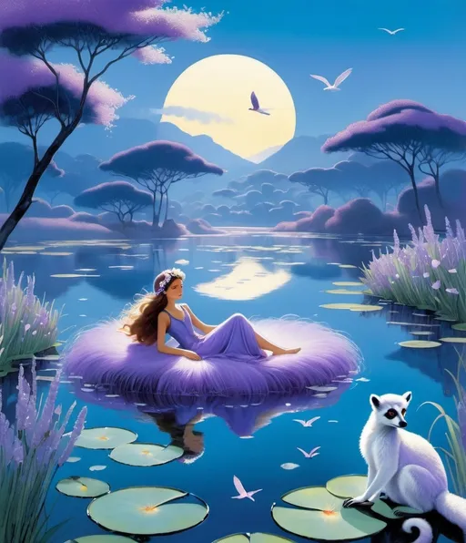 Prompt: Luna, a luminous girl with lustrous locks, lounges lazily atop a lagoon, while a leaping lemur, adorned with lavender leaves, leaps lithely beside her, amidst lilting lilies and lavender mist, art by Lucia Rafanelli, Georges Lepape, Tom Lovell, Lieke Van der Vorst, Linda Ravenscroft, Arnold Lobel