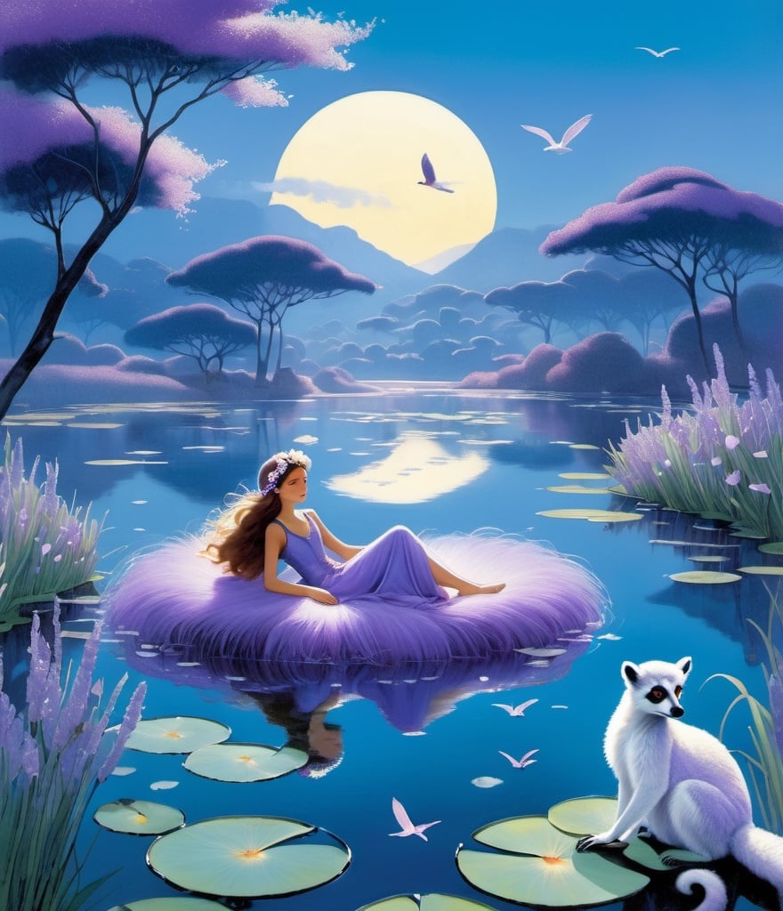 Prompt: Luna, a luminous girl with lustrous locks, lounges lazily atop a lagoon, while a leaping lemur, adorned with lavender leaves, leaps lithely beside her, amidst lilting lilies and lavender mist, art by Lucia Rafanelli, Georges Lepape, Tom Lovell, Lieke Van der Vorst, Linda Ravenscroft, Arnold Lobel