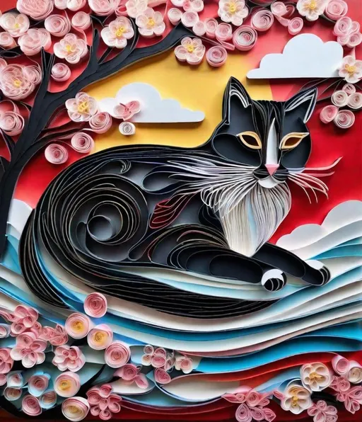 Prompt: symphonic, Artwork inspired by Shepard Fairey, paper quilling, a cloud is floating in the air, there's a cat comfortably sleeping on the cloud, the backdrop is fully bloomed cherry blossoms, intricate detail, epic, romantic