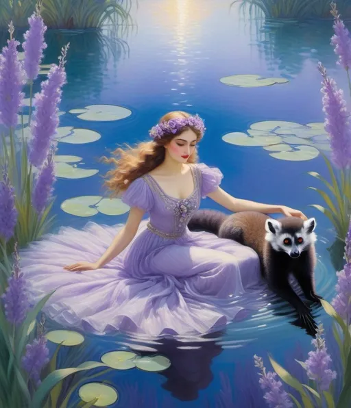 Prompt: Style by Louis Ritman, Loie Hollowell, Cathy Locke, Lalla Essaydi, Lucia Rafanelli; Luna, a luminous girl with lustrous locks, lounges lazily atop a lagoon, while a leaping lemur, adorned with lavender leaves, leaps lithely beside her, amidst lilting lilies and lavender mist, 
