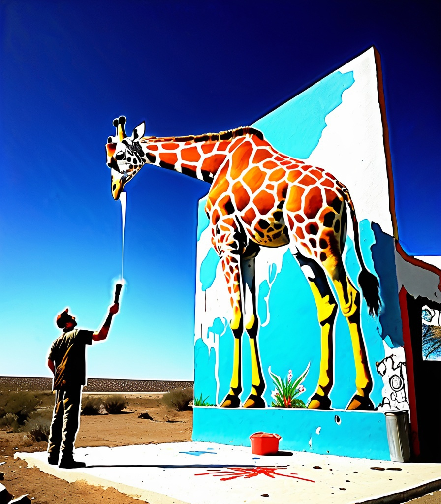 Prompt: art of a graffiti giraffe artist actively spray painting a mural out in the middle of nowhere. the giraffe is spray painting the wall of chine. coquette colors, illustration, ground level perspective, wild unique perspective of the future, Mixing surreal modernism and greek realist figurative art, with a sci fi modernist twist. 