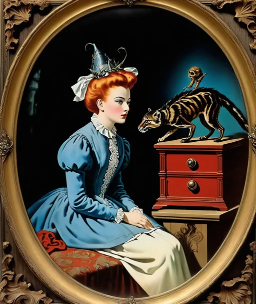 Prompt: vintage full color relic photograph surrealistic nightmare terror kitsch, Cecil Aldin, Michael Cheval