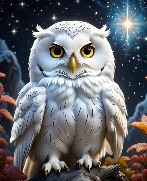 Prompt: mesmerizing white owl searching for bifrost, by Pierre et Gilles, minimal figures, starry skies