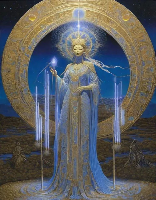 Prompt: celestial moon goddess wrapped in UV light tubes, by Guo Pei, Brian Froud, and Alex Grey 