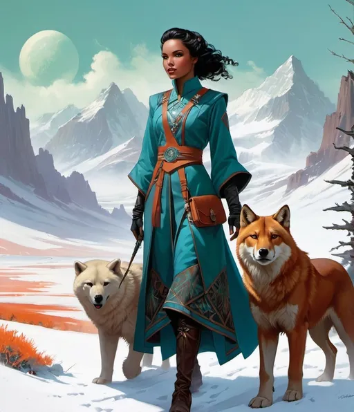Prompt: Art by Tom Lovell, J.P. Targete, Tom bagshaw, Olivier Theyskens, Sachin Teng, Dana Trippe;Talia, wearing a terracotta, turquoise and thistle winter tunic, the talented troubadour, trekked through the tundra with her tenacious tiger companion. 