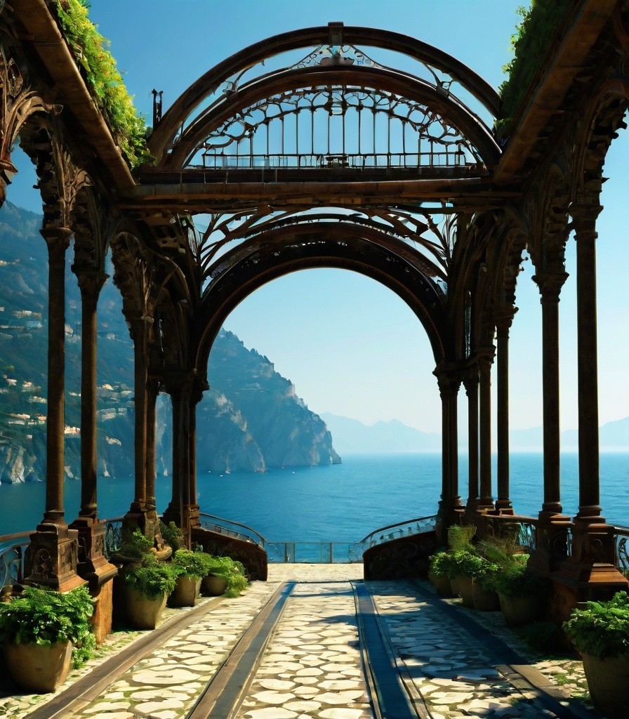 Prompt: Generate an image of a unique Piranesian construction in chalcedony situated along the Amalfi Coast, characterized by intricate details made exclusively with train carriages and recycled mechanical parts. The structure should include walkways, bridges, and connections created precisely through the creative use of train carriages and mechanical components. Piranesian Architecture: The construction should incorporate the essence of Piranesi's style, with imposing arches, columns, and elaborate architectural details rising intricately and majestically. Recycled Material: Use exclusively train carriages and recycled mechanical parts for the construction. The parts of the carriages should form walls, balconies, windows, and decorative structures. Walkways and Connections: Create suspended walkways, bridges, and connections between various sections of the construction using parts of train carriages such as beams and overlaid rails in a fanciful manner. Coastal Placement: Set the construction along the Amalfi Coast, overlooking the sea. Ensure that the sea view is clearly visible, incorporating the marine element as the background. Captivating Perspective: Pay particular attention to the perspective of the image. Create a sense of depth and three-dimensionality through the creative use of train carriages and mechanical structures. Realistic Details: Represent realistic details in recycled parts, such as rust, scratches, and imperfections. These details will contribute to making the image more authentic and evocative. Lighting and Atmosphere: Pay attention to lighting and creating an evocative atmosphere. Use reflections of sunlight and shadows cast by the Piranesian structures to emphasize the unique character of the construction.