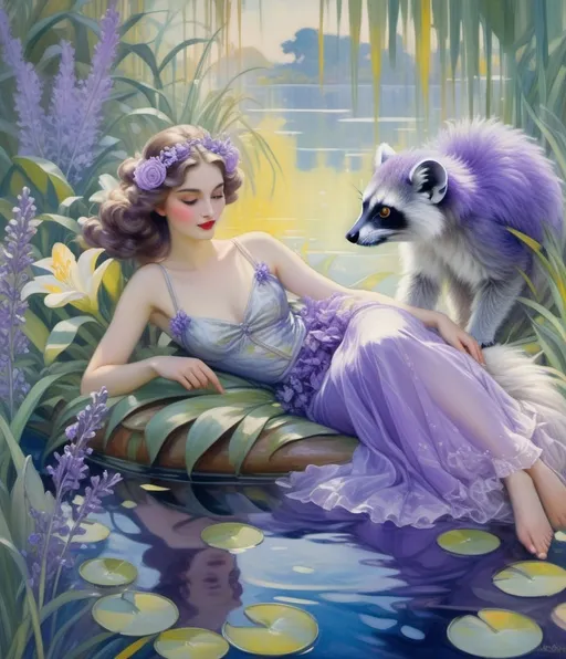 Prompt: Style by Louis Ritman, Christy Lee Rogers, Cathy Locke,  Louis Rhead; Luna, a luminous girl with lustrous locks, lounges lazily atop a lagoon, while a leaping lemur, adorned with lavender leaves, leaps lithely beside her, amidst lilting lilies and lavender mist