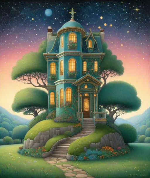 Prompt: Drawing of a spiritual home when love lives there. Whimsical style, Thomas Ascott, Scott Adams, Klimt 