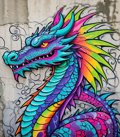 Prompt: graffiti hippy boho abstract dragon on an old cement wall, grungy