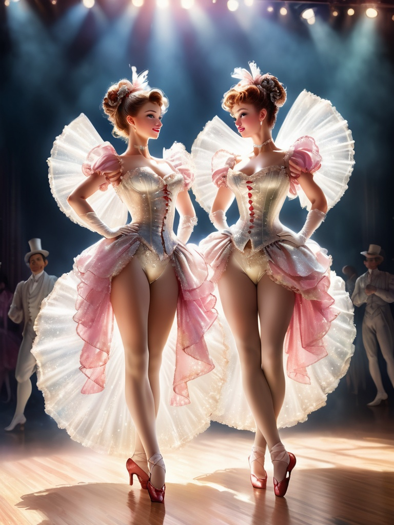 Prompt: cancan dancers at broadway in 1830, portrait, sparkle and glittery style, spot light, delicate costumes, ultra high definition, anime style by Inoue Takehiko. Extremely detailed, 3d