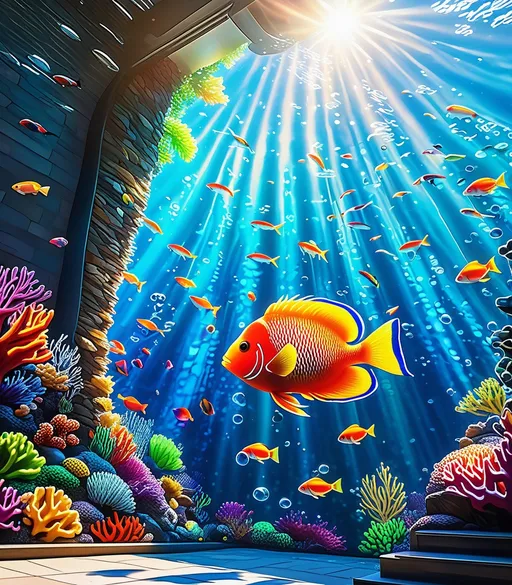 Prompt: A 3D graffiti mural on the side of a skyscraper of a coral reef, with colorful fish swimming out from the wall, Sunlight filtering through water creating a shimmering effect on the wall. Photograph in the style of vibrant colors, realistic fish details, light refraction effect, depth illusion, aquatic textures, dynamic composition4k quality 