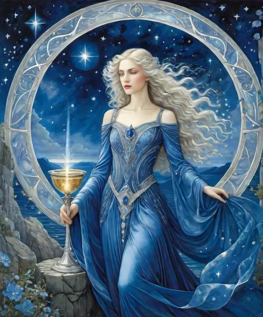Prompt: style by Sulamith Wulfing, Sophie Delaporte, Amanda Sage; Summon Serena, a sapphire-eyed siren, standing serenely beneath a star-strewn sky, surrounded by shimmering sapphire streams, sporting a satin gown, and sipping from a silver chalice