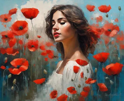Prompt: Thick palette knife drawing, art by Beth Conklin and Esteban Cortazar: a pretty girl sitting in a garden of poppies poppies. Tall red poppies touching her face, butterflies flying around her head. The red flowers color pops up against the light blue sky. large brush strokes, oil painting, she is wearing a white dress.