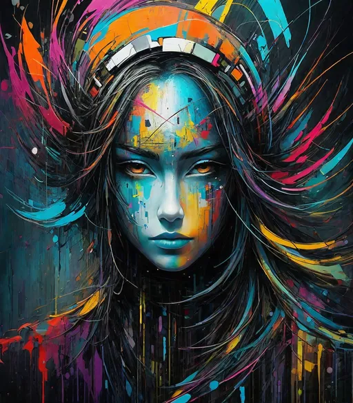 Prompt: She, who walks alone, has a memorable face for the ages Abstract Expressionist Abstract cyber graffiti 