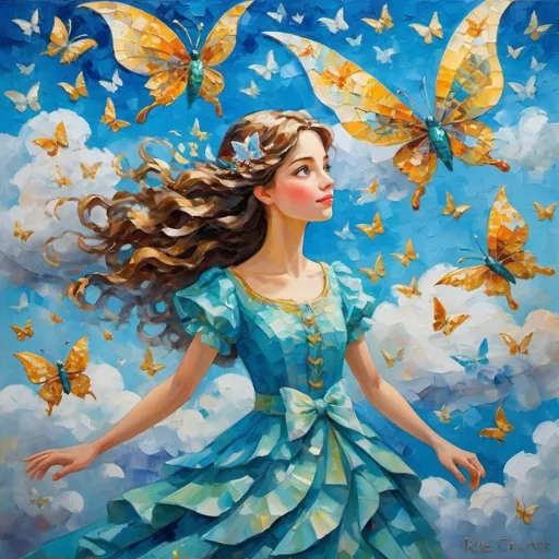 Prompt: By Rie Cramer, Oxana Zaika, Judith Clay, Meet Molly, a young woman with a sparkle in her eyes, a hair of butterflies, soaring through the clouds on the back of a friendly dragon, across the azure sky. Impasto, oil painting.