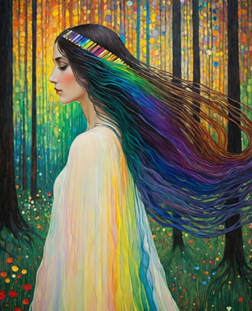 Prompt: The beautiful young lady, She comes in colors everywhere She combs her hair She's like a rainbow Coming, colors in the air Oh, everywhere She comes in colors, Gustav Klimt, Carboniferous Forest