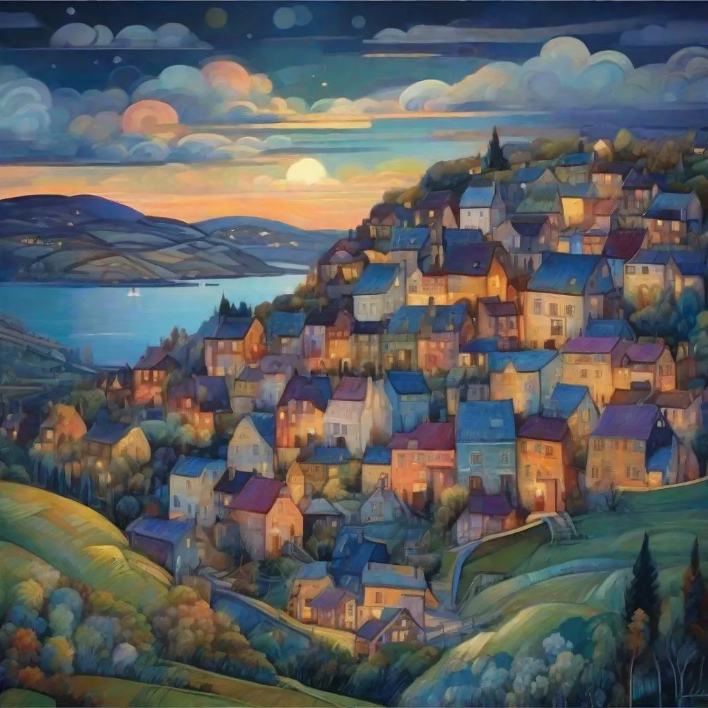 Prompt: Beautiful whimsical Landscape village, houses in a Hill, at night, beautiful sky, In style of Fern Isabel Coppedge, Elia Locardi, Akos Major, Raoul Dufy, George Birrell, Amanda Clark, Iris Scott, Mikalojus Konstantinas Ciurlionis. 
elegant intricate beautiful award winning fantastic view ultra detailed