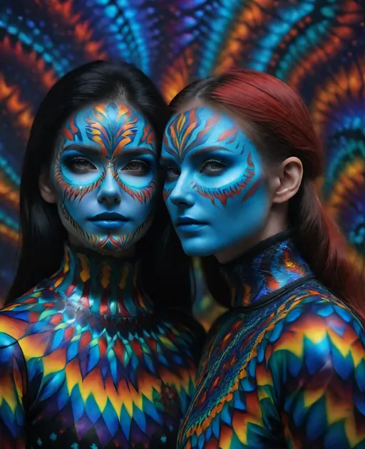 Prompt: a man and a woman with head and face painted in colorful bifrost patterns, in the style of daz3d, horror film, realistic anamorphic art, tokina at-x 11-16mm f/2.8 pro dx ii 