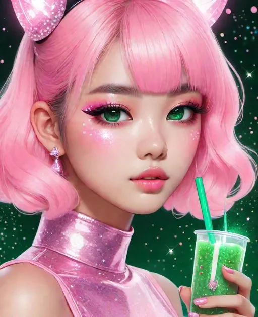 Prompt: a girl has a pink skin and pink eyes, in the style of karmen loh, sparkle eyes glittery makeup, boba tea aesthetic, sparklecore, glittercore, appropriation artist, shiny/glossy, fairycore, digital art, marine painter, light pink and dark green, barbiecore