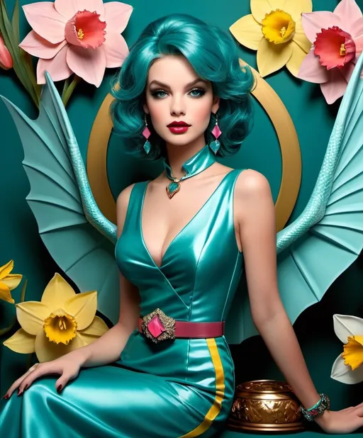 Prompt: Darling dazzling Diane, a deep dark daydreamer girl, defender of destiny daffodil dragon, dull turquoise, dusty rose, Deep teal, style by David Bowers, Danny O'Connor, Dean Crouser, David Salle, David Rees