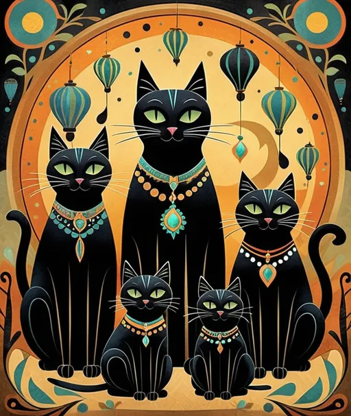 Prompt: mid-century modern representation of Whimsical magic patterns black cat Family Portrait art, happy, laughing, desertpunk, in the style of Andy Kehoe and Ruth Thompson, cartoon, stylized, Pixar, Picasso, intricate detail 