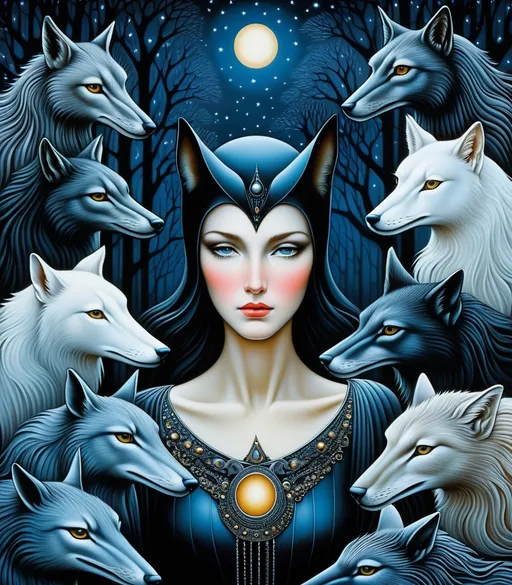 Prompt: She is a night woman surrounded by night animals style of Octavio Ocampo, Frieke Janssens, Aaron Jasinski, Genevieve Godbout, Morris Hirshfield, Robert Gillmor, Amy Giacomelli. Soft pearlercent colors, Extremely detailed, intricate, beautiful, 3d, high definition