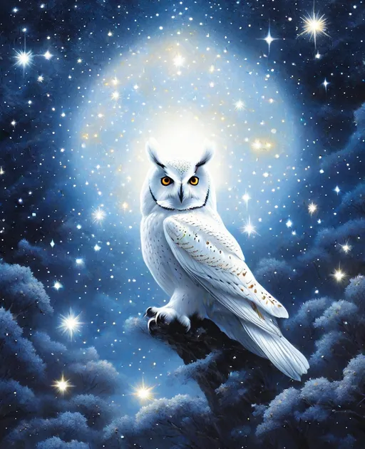 Prompt: mesmerizing white owl searching for bifrost, by Pierre et Gilles, minimal figures, starry skies