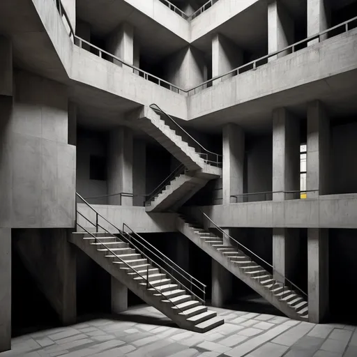 Prompt: An intricate depiction of a brutalist liminal space, characterized by stark, geometric structures and a monolithic concrete aesthetic. This liminal space features a complex network of stairs, inspired by M.C. Escher's 'Relativity,' where the stairs create an impossible, paradoxical loop, defying gravity and perspective. The scene should evoke a sense of surrealism and disorientation, blending the rigidness of brutalist architecture with the mind-bending illusion of Escher's artwork. The image should capture the eerie, transitional quality of liminal spaces, where the boundaries of physical laws are visually challenged 