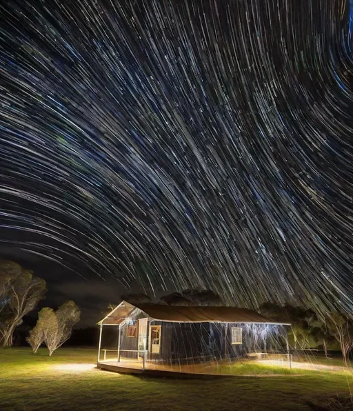 Prompt: Transport the timeless verses of "Waltzing Matilda" into a laser etched dreamscape, where forced perspective photography blurs the line between reality and imagination, under a mesmerizing canopy of astrophotography stars, all captured with the magic of long exposure photography 