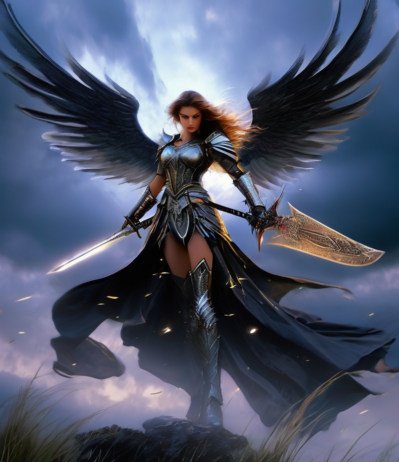 Prompt: angelic godess witchblade, spread dark angel wings, in the twilight sky, medieval armor with geoglyph engraves, in action, with a lumino kinetic glowing sword, style by William Oxer, Nickolas Muray, Aliza Razell, Charles Robinson, esao Andrews. faerietale couture, dark fantasy,