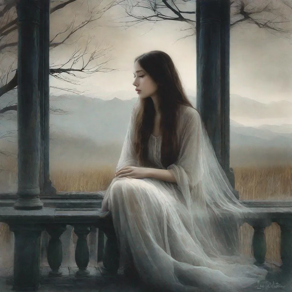 Prompt: A very beautiful dreamy ghostly young lady, very pretty face, remains alone and eternally sad  waiting, sitting in her porch for her long lost love to return art by Daria Endresen, John Reuss, Lin Fengmian, Robert Ryman, Elger Esser, Rimel Neffati. 3d, watercolors and ink, beautiful, fantastic view, extremely detailed, intricate, best quality, highest definition