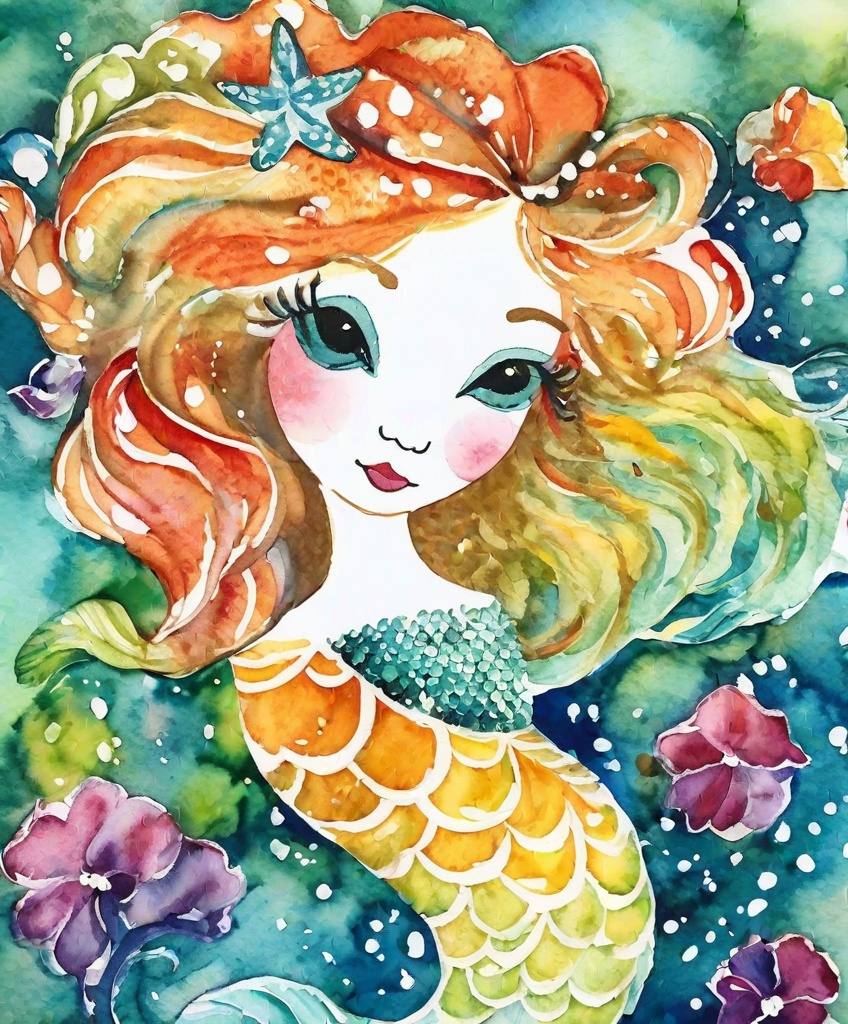 Prompt: calypso mermaid, whimsical watercolors, impasto, 