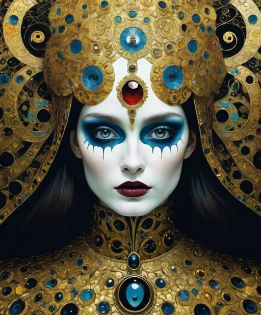 Prompt: Art by Klimt, David Palumbo, Daniel Merriam, Grant Morrison, Mothmeister, she is almost passable as human, Why don't you take off your human costume, girl?, macabre horrific, highly detailed , rich in colors