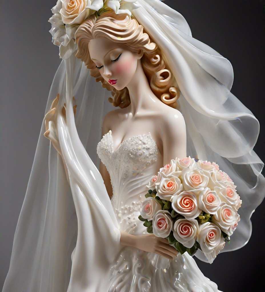 Prompt: bridal couture figurine by lladro and chihuly brought to life by newton, beautiful blushing bride, dramatic white bridal veil, luxurious bridal gown, bride is holding a Rose bouquet, high-fashion aesthetic, contemporary, art gallery object 