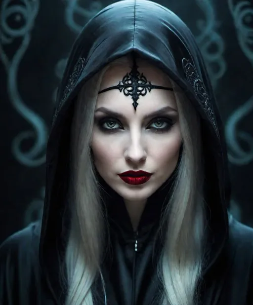 Prompt: remarkably beautiful pale woman in a form fitting silky black hooded robe with intricate black markings underneath her eyes. looks at an exact inverse of herself. byzantine inspired. lovecraftian dark priestess. cult of cthulu. whispy::2 black mist. full red lips. photonegative refractograph 