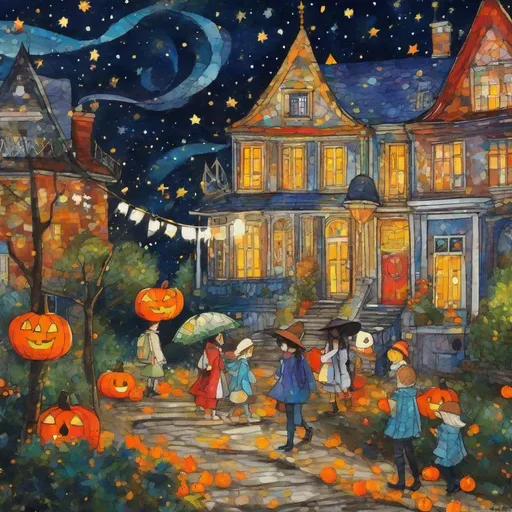 Prompt: trick-or-treaters by kids in bucolic whimsical street under a starry sky art  by Charline von Heyl, kitarō kōsaka, maurice brazil prendergast, wales bonner, botter. Colorful, crossed colors, 3d, best quality, extremely detailed, intricate, beautiful, cute