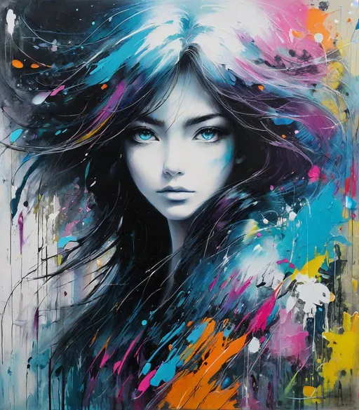 Prompt: She, who walks alone, has a memorable face and iridescent eyes for the ages Abstract Expressionist  pre rephaelite graffiti 