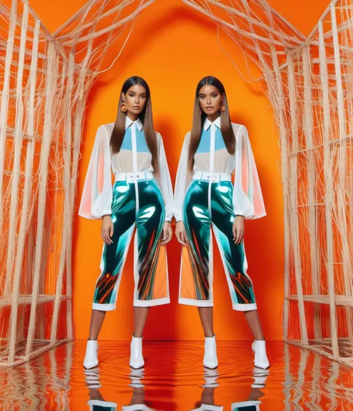 Prompt: Ghostly twin reflections, energetic fashion photoshoot and abstract digital montage by mi-zo, color by Amy Tangerine, rattan style by Antoni Gaudì, Salvador Terán, Alice and Olivia 