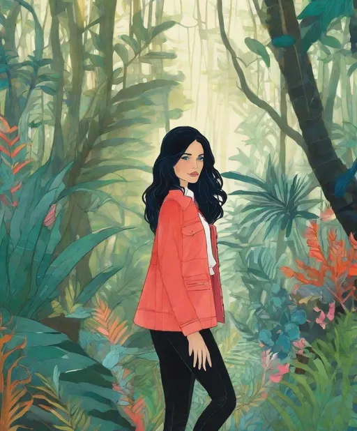 Prompt: Jenny Frison, Julie Arkell, Joost Swarte,  Jolly beautiful Justine, jade eyes, jet black hair, jaz age coral long jacket, jasper blue, full of jewelry, jogging in the jungle, 