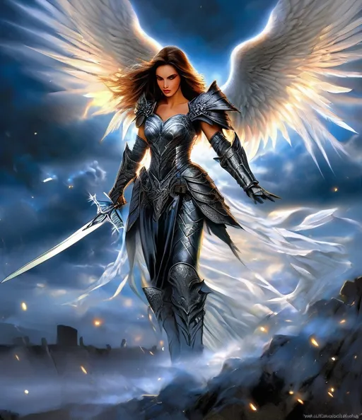 Prompt: angelic godess witchblade, spread dark angel wings, in the twilight sky, medieval armor with geoglyph engraves, in action, with a lumino kinetic glowing sword, cover book style by William Oxer, Nickolas Muray, Aliza Razell, Charles Robinson, esao Andrews. faerietale couture, dark fantasy,
