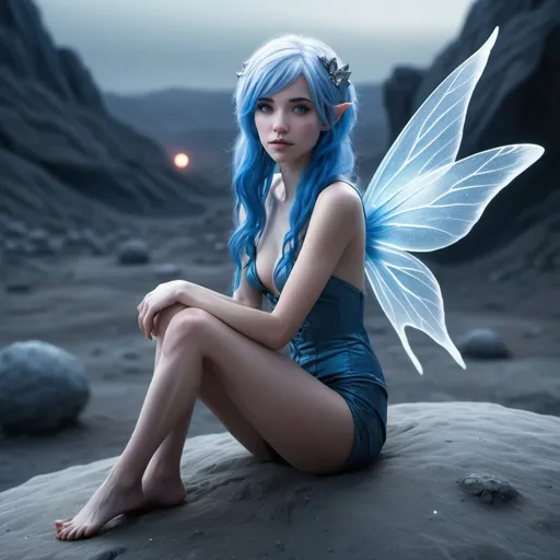 Prompt: photo-realistic beautiful slender hyper-feminine female blue-haired fairy sitting in a desolate moonscape