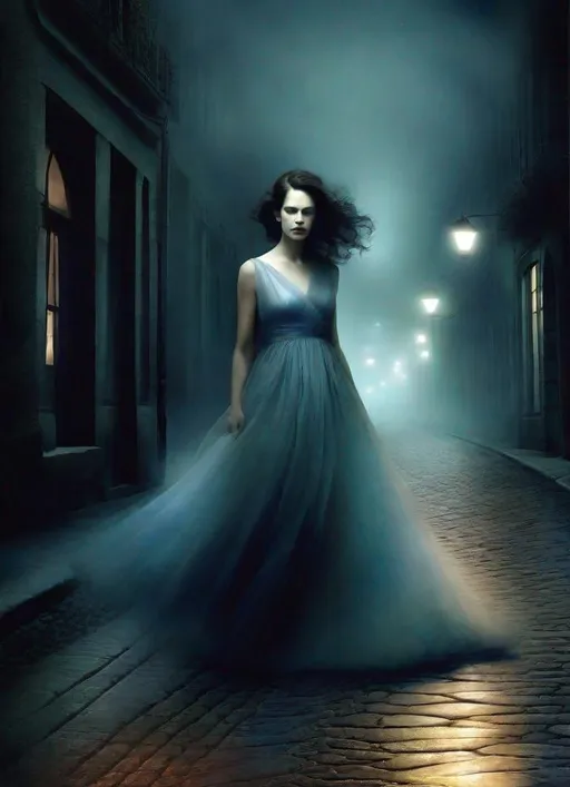 Prompt: The pretty mysterious woman with beautiful face, art by  Daria Endresen, Thomas Ruff, Cristobal Balenciaga, Monia Merlo, Nelleke Pieters, Elger Esser. Night Foggy Empty street background, rim lighting reflection, 3d, watercolors and ink, beautiful, fantastic view, extremely detailed, intricate, best quality, highest definition