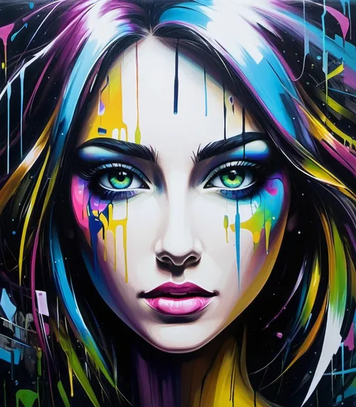 Prompt: She, who walks alone, the almighty has a memorable face and the iridescent eyes for the ages Abstract Expressionist Abstract cyber graffiti 