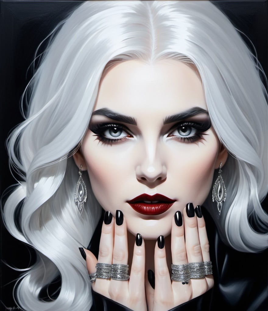 Prompt: A vampire woman. White hair. Metallic Silver eyes. Black nails. Rings on her fingers.  Oil painting. opart moire.