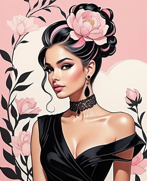 Prompt: Style of Itzchak Tarkay, Faiza Maghni, Henry Justice Ford, Ann Telnaes, a super cool kooky girl, pastel pink updo hair, in a fashion black dress, inking sketch, beautiful, detailed, floral background.